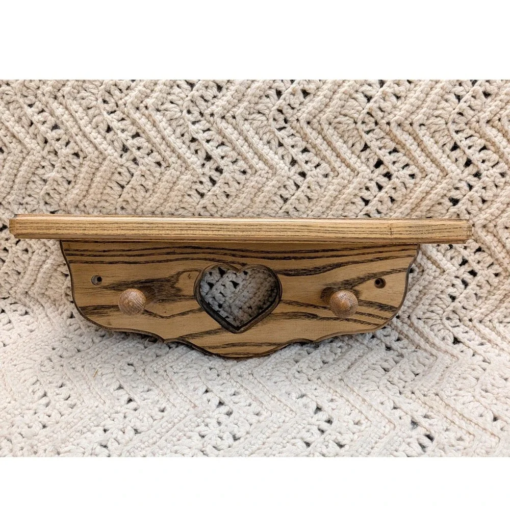 Vintage Wood Wall Shelf Heart Cutout 2 Peg Hooks Rustic Farmhouse Brown 12 Inch
